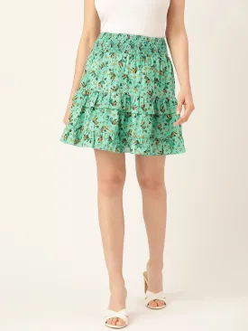 Women Green Floral Printed Flared Layered Mini Skirt