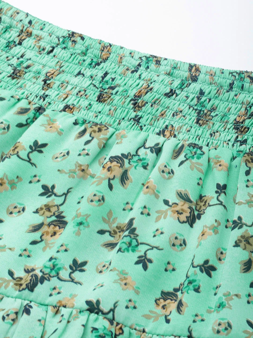 Women Green Floral Printed Flared Layered Mini Skirt
