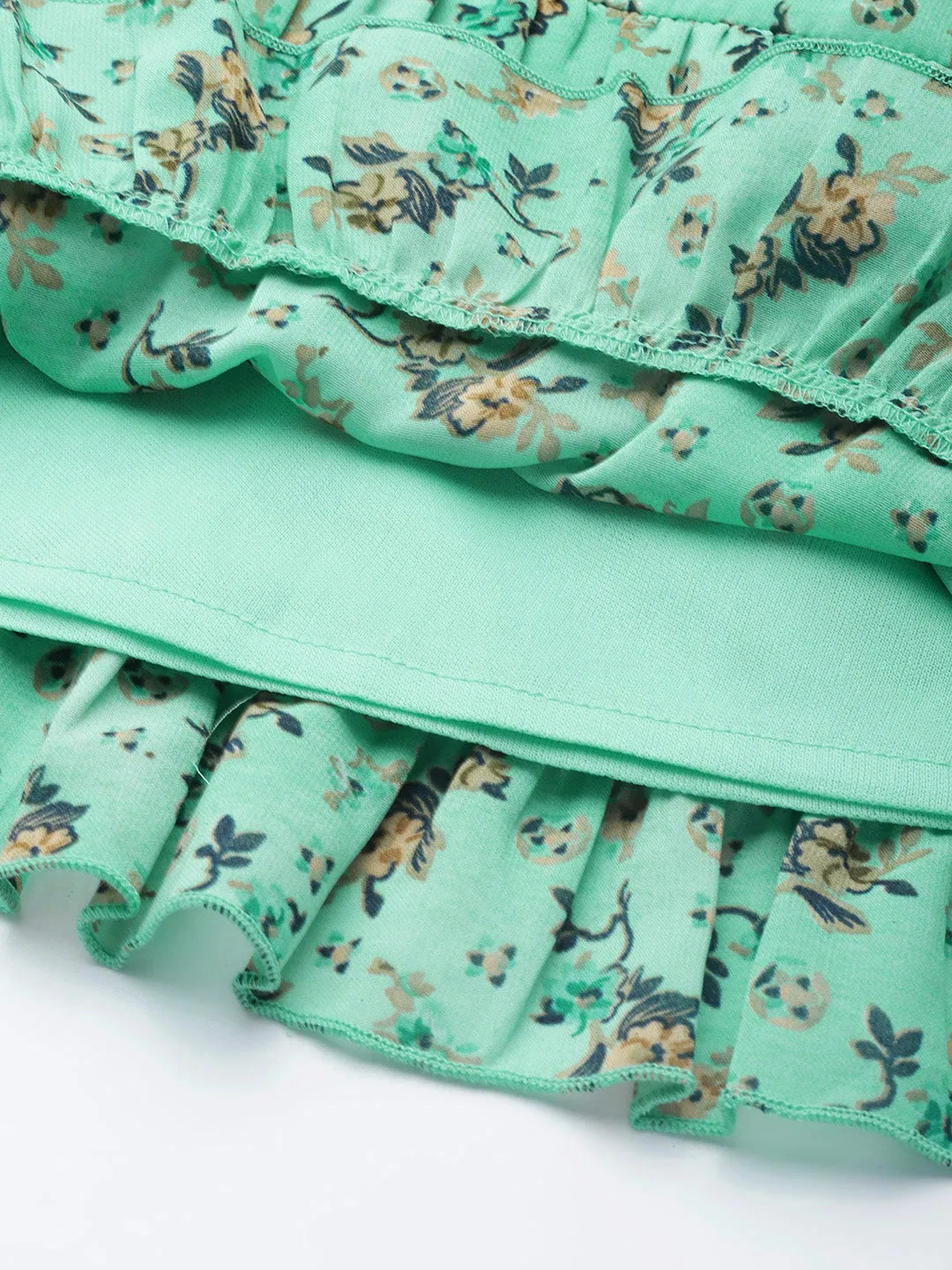 Women Green Floral Printed Flared Layered Mini Skirt
